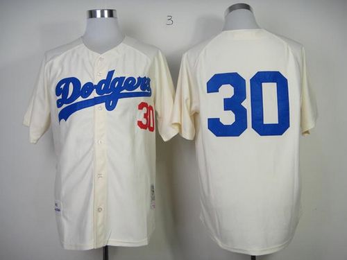 Mitchell And Ness 1955 Dodgers #30 Maury Wills Cream Throwback Stitched MLB Jersey - Click Image to Close